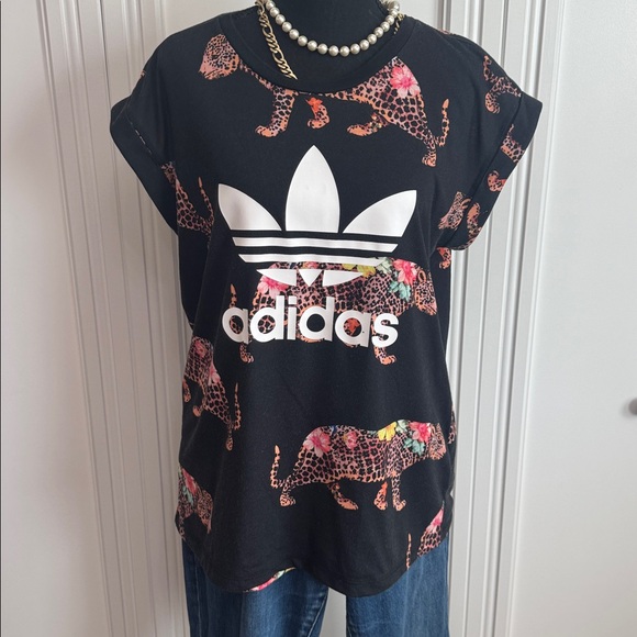 Adidas Black Tee with Leopard and Floral Design - Picture 1 of 7